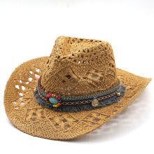 UNIQ New Paper Straw Cowboy Hat Ribbon Tassel Band Shapeable Brim Beach Cowgirl Cowboy Hat